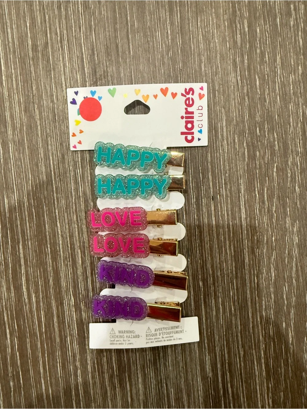 NWT Claire's Glitter 'Happy Love Kind' Hair Clips - Teal, Pink, Purple